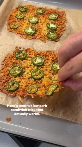 A post by @ketorecipes on TikTok caption: Jalapaneno & Gouda BREADWICH This is another low-carb bread option that's ACTUALLY good. I’ve done these with zucchini and pickles before, and this jalapeño one… just might take the top spot. If you’re craving a lowcarb sandwich, this hits the spot. The cheese is actually baked into the jalapeño instead of in the sandwich, making a great flatbread like vessel that you can use to make your favorite lowcarb, keto-friendly sandwich. Load it up with whatever sandwich fillings you like. Full recipe below⬇️ Here’s how to make it: 1.Preheat your oven to 400F. Grab 2 large jalapeño and cut it into slices. You’ll need about 9 slices for each half of the bread. 2.Grab an oven-safe tray, line it with parchment paper, and sprinkle two thin layers of shredded gouda cheese directly on the paper. Top with 9 strategically placed jalapeño slices on each cheese section. Sprinkle some garlic or onion powder powder, then add another thin layer of cheese on top. Again, not too much cheese! 3.Pop it in the oven for 12-13 minutes until the edges are golden and the cheese is crisp. Let it cool slightly, then cut it in half to make your “bread” slices. 4.I added lettuce leaves, tomato slices, some thinly sliced red onion, organic chicken (turkey or ham would work too), some more lettuce, avocado, and poured some ranch dressing. 5.Add the top piece, slice diagonally like a sandwich, and enjoy. If you try this, be sure to let me know on SHREDHAPPENS. ENJOY! #lowcarb #lowcarbrecipes #keto #ketorecipes #healthyrecipes #goodmoodfood