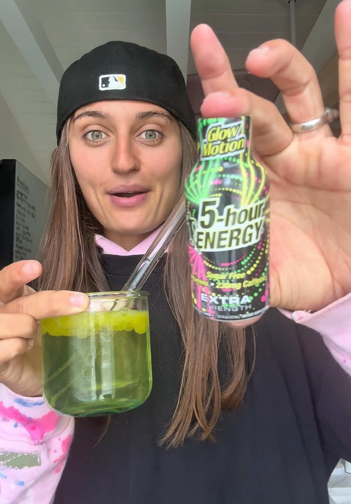 A post by @averycyrus on TikTok caption: this boba has me glowing inside and out🧋✨ with the new @5-hour ENERGY #GlowMotionFlavor #EnergyShot available on Amazon and the #5hourENERGY website- use code AVERY20 for 20% off! #5HourAmbassador #ad