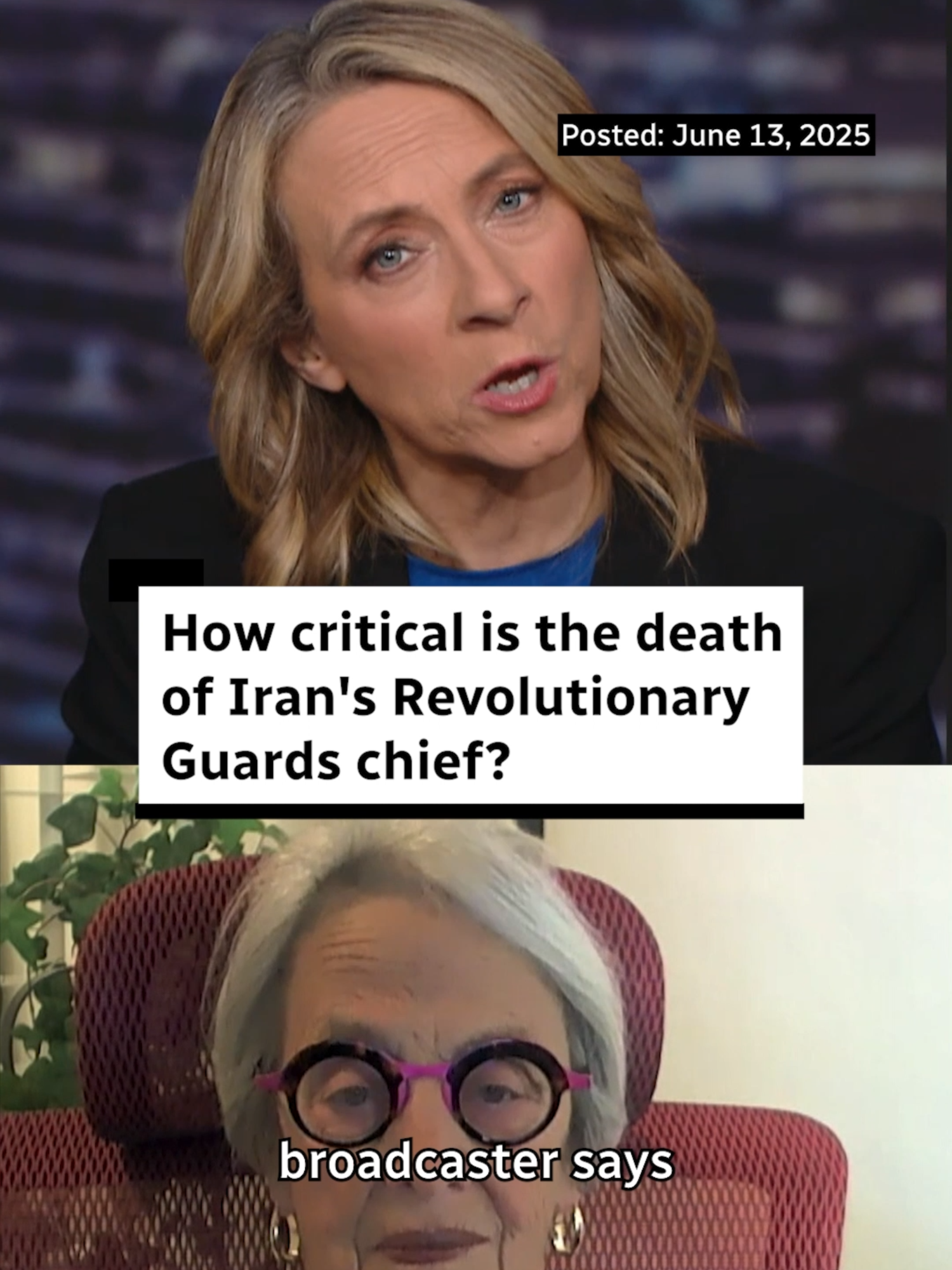 A post by @cbcnews on TikTok caption: Iranian state media have confirmed the head of the Islamic Revolutionary Guard Corps (IRGC), Maj. General Hossein Salami, was killed in Israel's strikes on Friday morning. CBC News chief correspondent Adrienne Arsenault talks to international relations expert Janice Stein about the significance of his death and Israel’s nuclear accusations against Iran. #israel #iran #news #internationalrelations #politics