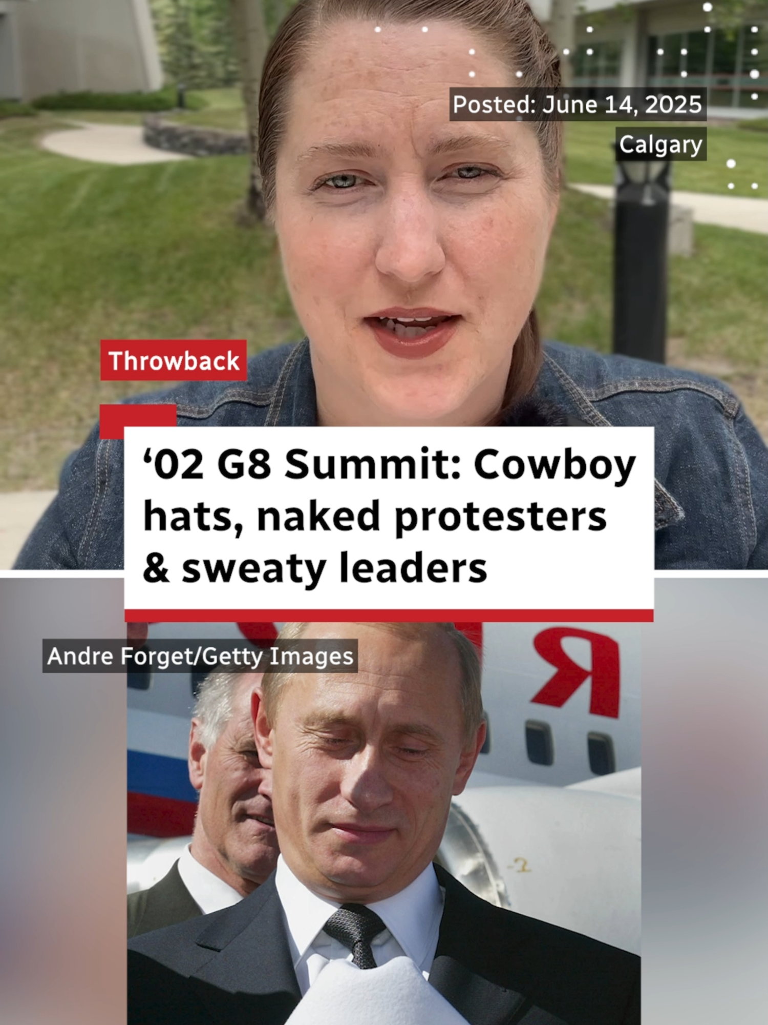 A post by @cbcnews on TikTok caption: As Alberta gears up to host the G7 summit, we revisit the most newsworthy headlines from the last time the event was held in Kananaskis — 23 years ago. #G7 #Alberta #Politics #Retro #Throwback #CBCNews #Canada