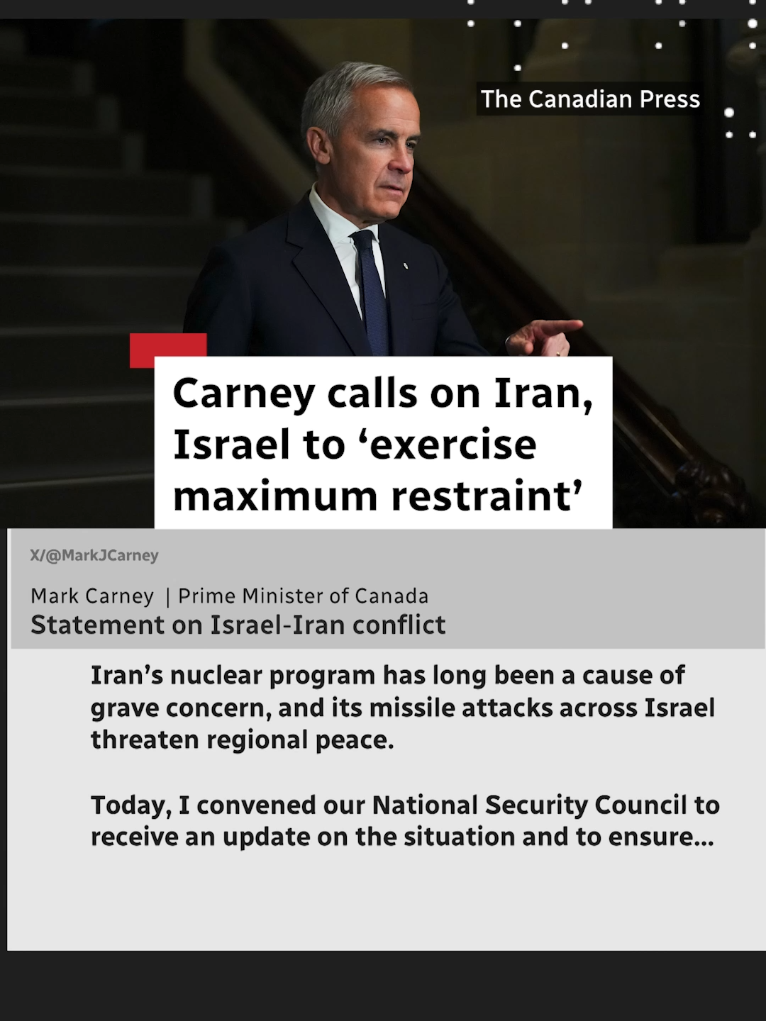 A post by @cbcnews on TikTok caption: In a post on X reacting to the attacks between Israel and Iran, Prime Minister Mark Carney called on both countries to “exercise maximum restraint and move towards a diplomatic resolution.” #Iran #Israel #Carney #Canada #MiddleEast #CBCNews