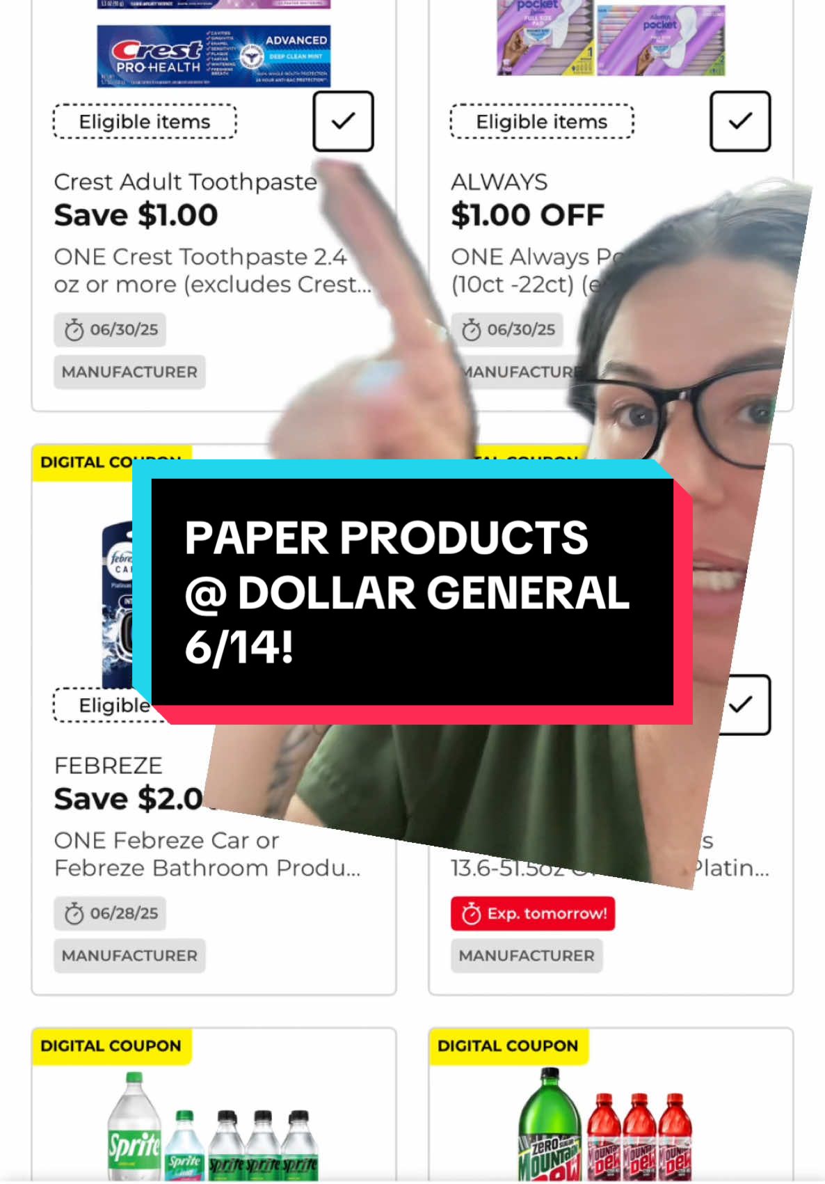 A post by @crazydealsandsteals on TikTok caption: This deal is valid 6/14/25 ONLY @Dollar General #fyp #fypシ #foryou #howtocoupon #extremecouponing #savemoneytips #couponer #howtosavemoney #dollargeneralcouponing #dollargeneralfinds #dollargeneraldeals #savings 