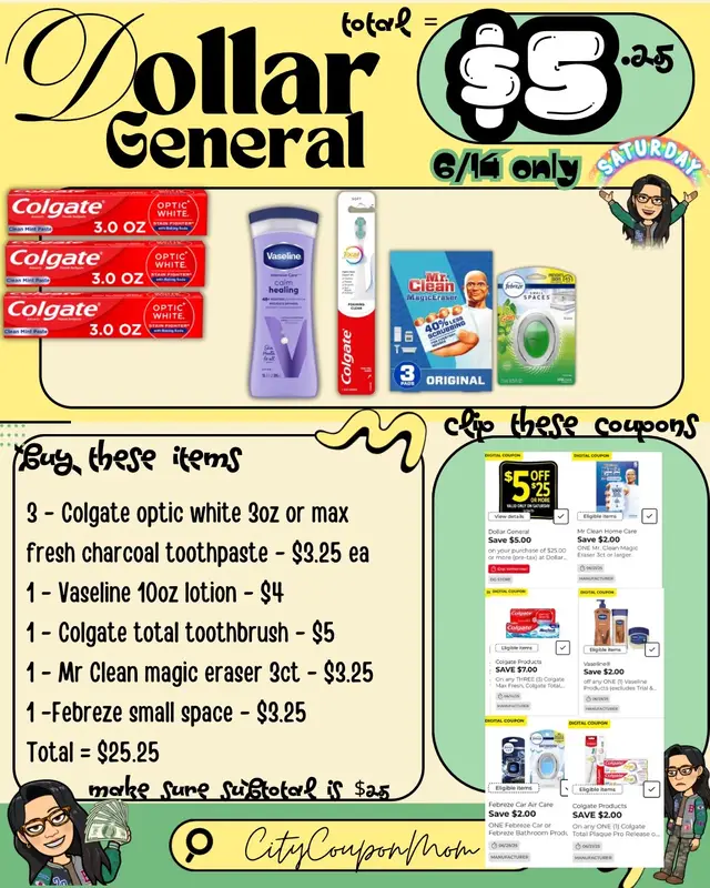 A post by @citycouponmom on TikTok caption: 💕 6/14 Saturday only  💕 Make sure subtotal is at the threshold! $25 for any regular deal & $28 for Scott instant saving deals 💕 Dollar General clearance event is going on until 6/19– additional 50% off reduce prices  #dollargeneral #dollargeneralcouponing #dollargeneraldeals #couponing #coupons #coupondeals #dgbreakdowns #coupontok 