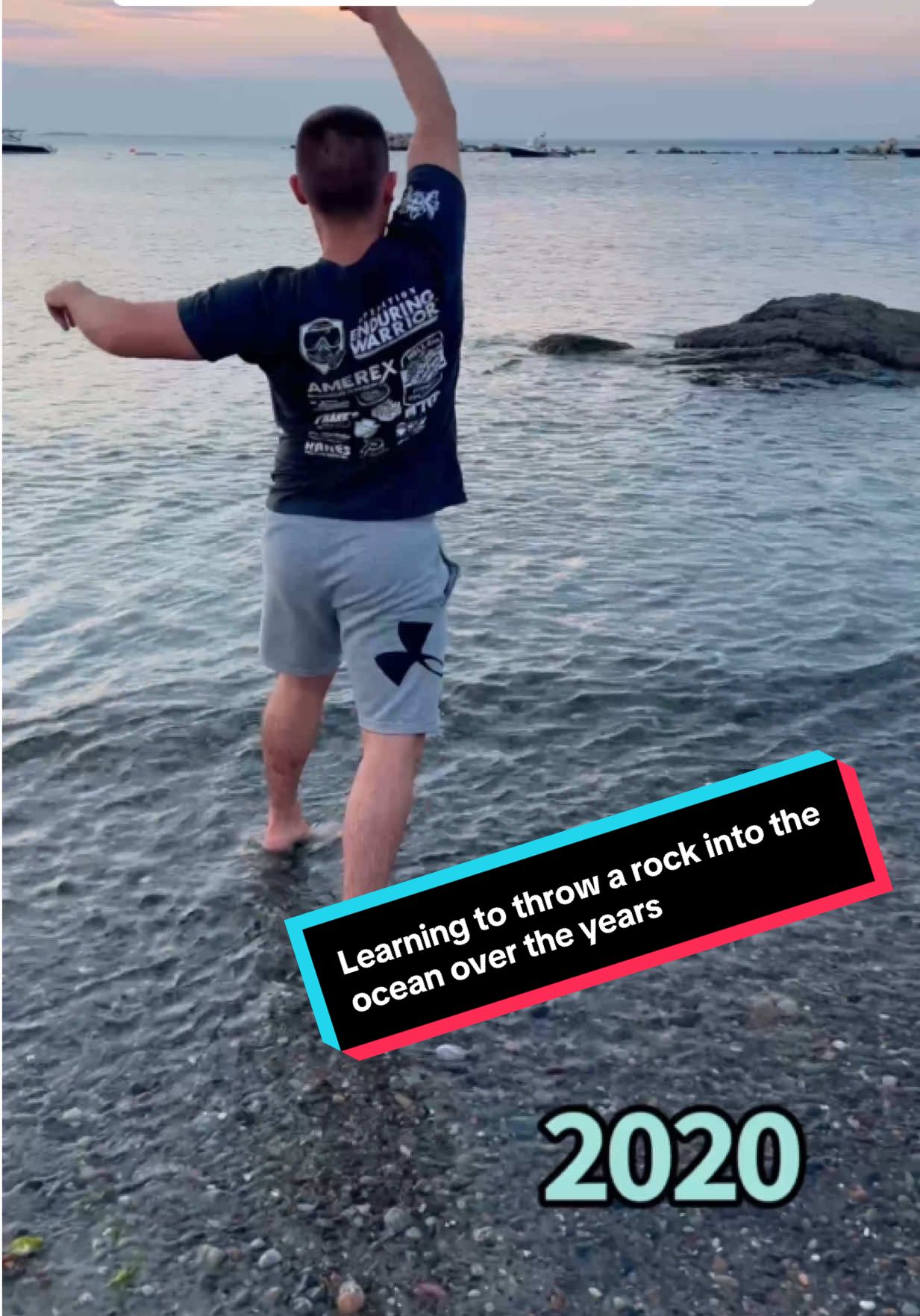 A post by @paulieepaull on TikTok caption: Learning to throw a rock into the ocean over the years !!! From throwing pebbles to boulders!! #recovery 