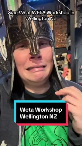 A post by @lailaberzinsvoice on TikTok caption: #xiaova goes to @Wētā Workshop and hams it up. Per usual.  . . . . #toarms #lotr #lordoftherings #xiao #xiaogenshinimpact #comedy #helmet #newzealand #wellington 