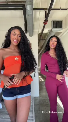 A post by @sydwinnie on TikTok caption: 🤍🤍🤍🤍🤍🤍🤍🤍🤍🤍 @Fashion Nova  Charlotte Chiffon Starfish Hardware Tube Top - Orange Carter Denim Shorts - Dark Denim Marlen Ribbed Pant Set - Burgundy