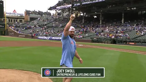 A post by @thejoeyswoll on TikTok caption: Doing a backflip before throwing out the first pitch at Wrigley! That recovery tho! 🤣 @Cubs #fyp