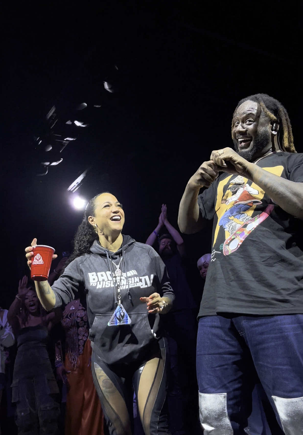 A post by @tpain on TikTok caption: Family is what keeps me going 20 years into my career 🙏🏿 @Feid is my brother from another Colombian mother 😂 Sorry for the mental pictures, thank you for coming Back To @Wiscansin Fest 💥 See you on the brighter side ✌🏿 #wiscansinfest 