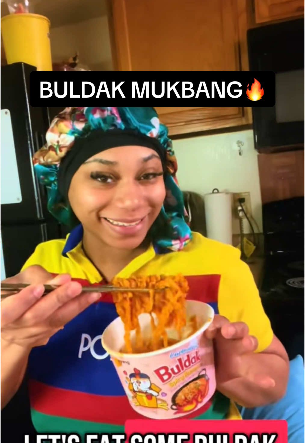 A post by @ on TikTok caption: Eat some #carbonara #buldak with me! 😋 #rep #draft #spicy #fypシ #eating #charitychristiana #mukbang #viral #ramen 