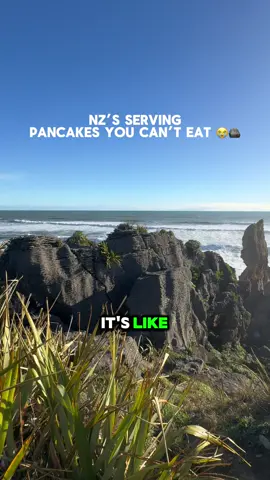 A post by @win_wolf on TikTok caption: This rocks!🤩 pancake rocks! Punakaiki!  Punakaiki’s one of those random stops that ends up being way cooler than expected. It’s on the West Coast of New Zealand’s South Island, and it’s famous for the Pancake Rocks—these crazy rock formations that literally look like stacks of pancakes. When the tide’s right, the waves slam into the cliffs and shoot up through blowholes like a natural water show.