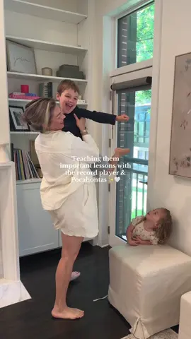 A post by @cassidyandkids on TikTok caption: We may not be good dancers or singers but we can be good people!!  #colorsofthewind #fyp #disney #toddlermom 