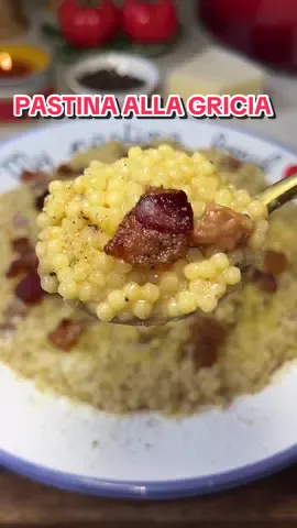 A post by @heresyourbite on TikTok caption: Pastina Alla Gricia ✨ 1 cup pastina 3.5 cups low-sodium chicken broth @Pacific Foods  4 oz guanciale or pancetta, diced 1 cup finely grated Pecorino Romano (more to taste) 1 teaspoon freshly cracked black pepper, or to taste Salt only if needed #pastina #gricia #allagricia #pastagricia #pastaallagricia #guanciale #romanpasta #italianpasta #italian #italianfood #foodtok #pastatok #pecorino #pecorinoromano #easyrecipes #onepot #onepan #5ingredients #easydinner #easydinners #dinner #dinnerideas #sundaydinner 