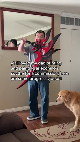 A post by @weichiadi on TikTok caption: commission! i don’t play genshin #arlecchino #scythe #GenshinImpact #arlecchinocosplay #scytheprop #genshincosplay #cosplayprop #cosplayweapon #fakeweapon #3dprinting 