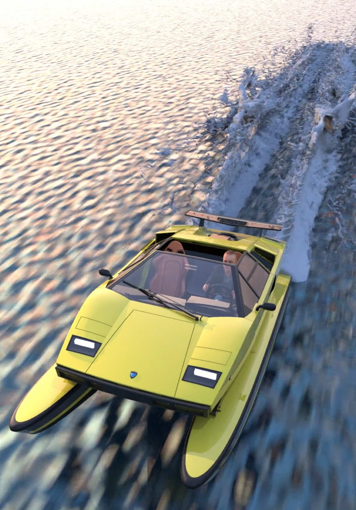 A post by @ on TikTok caption: What about this #floating car?  Obviously… no fake wheels ;)  Comment please! #floatingmotors #lamborghini #countach #lambo #wolfofwallstreet #jamesbond #lamborginicountach #veloce #topgear #automotive #design #jetcapsule #lazzarini #fun #watercar #summer #custom #oneoff 