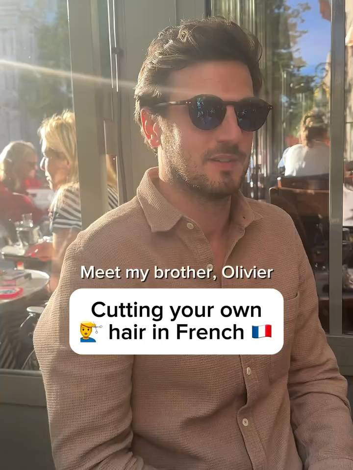 A post by @hellofrenchnyc on TikTok caption: My brother’s haircutting skills! 💇‍♂️ He started cutting his own hair during the pandemic… and hasn’t stopped since 😅 Olivier is also part of the Hello French team as an advisor & investor, and I’m so proud of him! 💪 🇫🇷 French vocab: – se couper les cheveux = to cut your own hair (reflexive verb!) – une coupe de cheveux = a haircut – le coiffeur / la coiffeuse = hairdresser – les ciseaux = scissors Would you ever cut your own hair? Or non merci? 😂👇