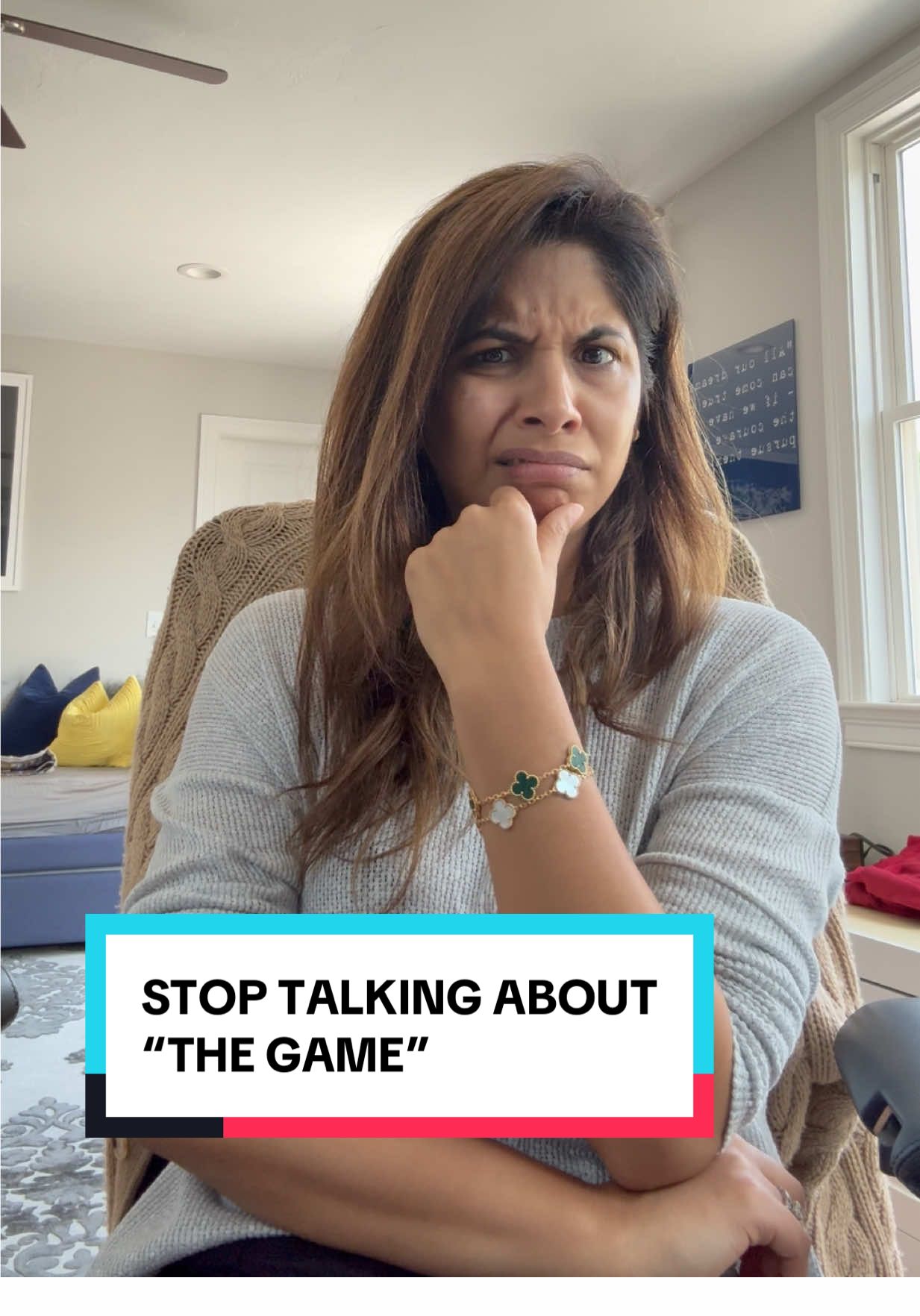 A post by @sheenamelwani on TikTok caption: I can't be the only one that doesn't know what game their husband is talking about 92% of the time right? Can we be more specific next time @TRID #sowhowonthegame #sports 
