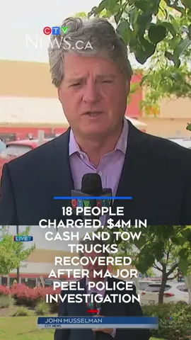 A post by @ctvnewstoronto on TikTok caption: 18 people charged, $4M in cash and tow trucks recovered after major Peel police investigation Peel police charge 18 people after the dismantling of a violent criminal extortion. John Musselman has the details.