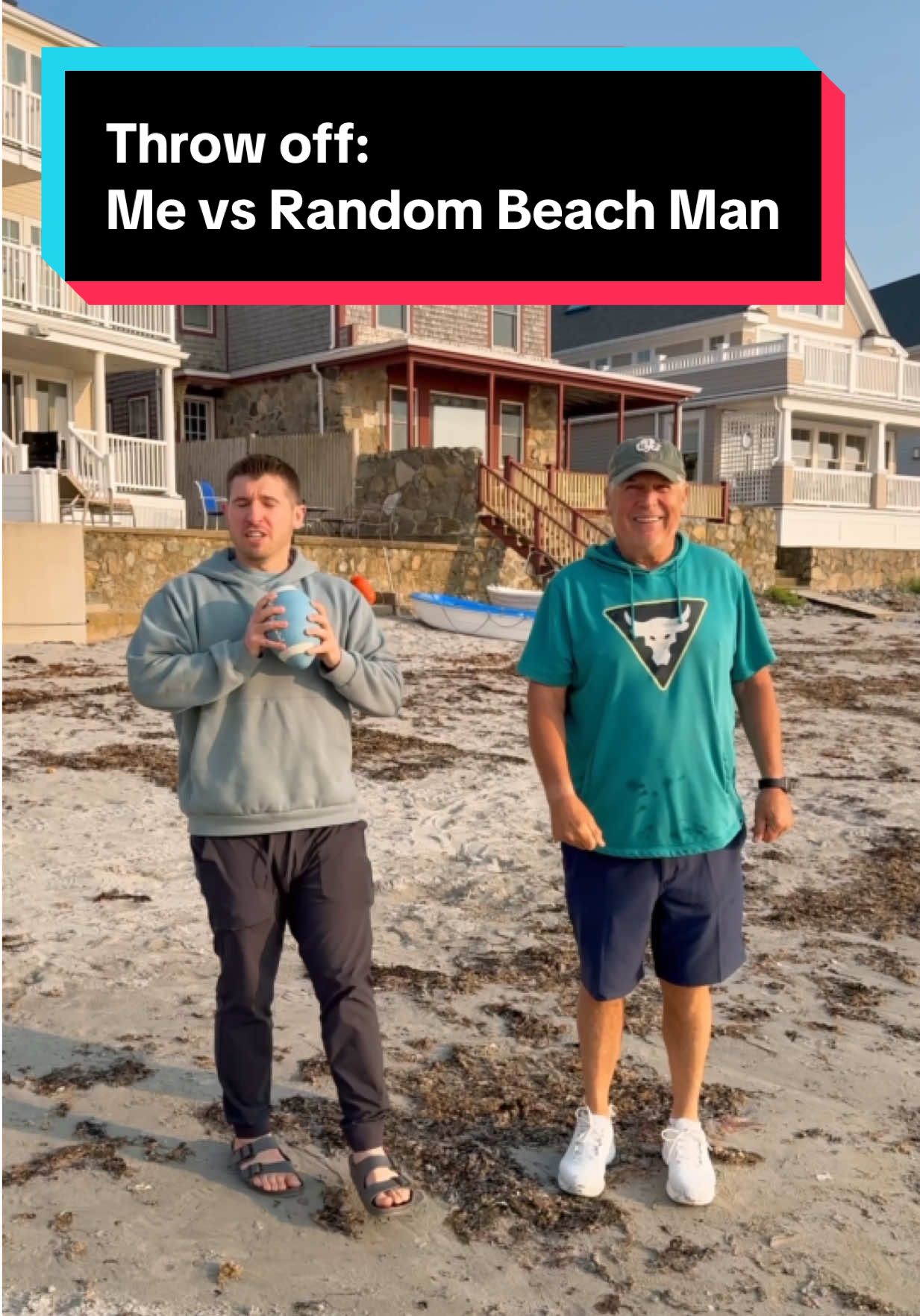 A post by @paulieepaull on TikTok caption: Two throws offs against a random beach man! How many did I win?? #trickshot #football 