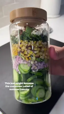 A post by @ketorecipes on TikTok caption: 🌽 Cucumber Avocado Corn Salad (with Feta + Lime!)   This one hits all the right notes… crunchy & light, plus sweet from the corn, creamy from the avocado, tangy from the lime, salty from the feta, and a little heat from the chili. Its so easy and so good!  Perfect for hot days, BBQs, or anytime you want something fresh but satisfying. And, it pairs great with grilled meats or eaten straight from the bowl. Here’s how I made it: 1.Dice up 4–5 Persian cucumbers into thin slices. Add it to a bowl or a jar. 2.Add 1 small finely diced shallot or ¼ red onion. 3.Slice up 1 jalapeño pepper (deseed if you want less heat). 4.Add corn from 2–3 grilled ears (or use ~1 heaping cup of defrosted frozen corn). 5.Cube 1 large ripe avocado. 6.Add a small handful of chopped fresh cilantro. 7.Crumble in 1.5 to 2 ounces of feta 8.Drizzle with 2 tbsp good olive oil, the juice of 1 large lime, a couple pinches of salt, and ½ tsp Aleppo pepper or chili flakes. 9.If in a jar, close the lid and shake well. If in a bowl, toss everything gently to coat. Taste and adjust as needed. You can top it with extra feta and cilantro, or even add grilled shrimp or chicken if you want to boost the protein. Enjoy!  . . . #lowcarb #saladrecipe #cucumbersalad  #lowcarbrecipes #healthyrecipes #goodmoodfood #shredhappens #summerrecipes