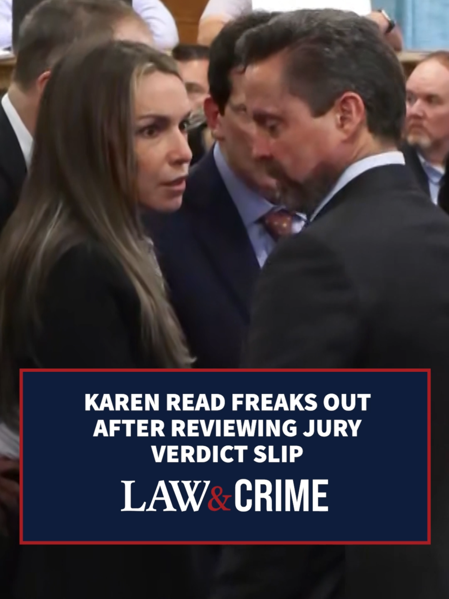 A post by @lawandcrime on TikTok caption: As the jury in the Karen Read retrial began deliberations on Friday, Read and her attorneys got a glimpse of the verdict sheet, after which Read appeared visibly furious. She was wide-eyed while speaking with her attorney, Alan Jackson. #Truecrime #crimetok #crimejunkie #truecrimecommunity #crime #lawandcrime #trial #court #shockingmoment #KarenRead #JohnOKeefe #boston