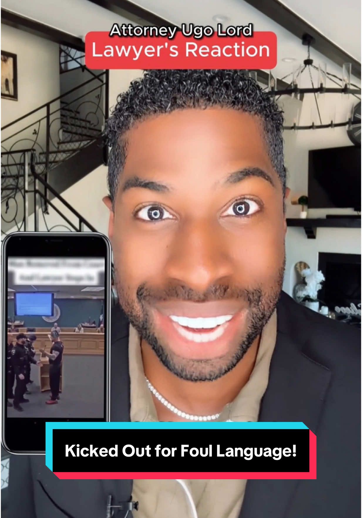 A post by @ugolord on TikTok caption: Replying to @zap pack Man Kicked Out of Townhall for Swearing—Free Speech or Violation? Attorney #UgoLord reacts! #lawyer #TikTokPartner #education #stitch with  @deguoqieguo888 