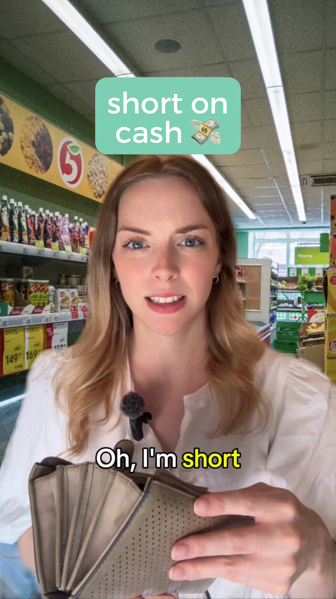 A post by @englishteacherclaire on TikTok caption: Learn in context: to be short (on cash) = to not have enough cash 💸 #english #englishteacher #learnenglish #englishlanguage #englishvocabulary #englishlearning #englishtips #englishlesson #englishclass #englishgrammar #americanenglish 
