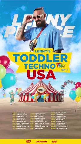 A post by @lenjpearce on TikTok caption: AMERICA, it’s happening‼️ Toddler Techno: PART 2 🇺🇸 is coming this Fall! 🎟️ Tickets drop tomorrow, June 17 at 10 AM ET — exclusively for those who’ve signed up. Keep an eye on your messages and inbox — you’ll receive a direct link when they go live! ✨ Don’t miss your chance — jump in early! ⚠️ And please beware of resellers. The only place to purchase is through the link in my bio or directly on my website for official pricing. I can’t WAIT to see you all ! 🎪🐘💥😎 #babyrave #lennypearce #toddertechno #parentsoftiktok #millennialsoftiktok #toddlersoftiktok 
