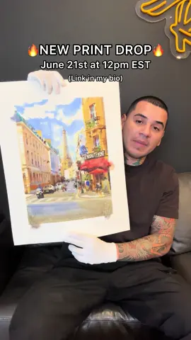 A post by @devonrodriguezart on TikTok caption: 🔥NEW PRINT DROP🔥 on Saturday, June 21st at 12pm EST. Painted in Paris, France. $199 USD each— limited edition. Each print is numbered, signed, and hand stamped by me! There will only be a 24 hour window to get one. Link in my bio! 🇫🇷🇫🇷🇫🇷