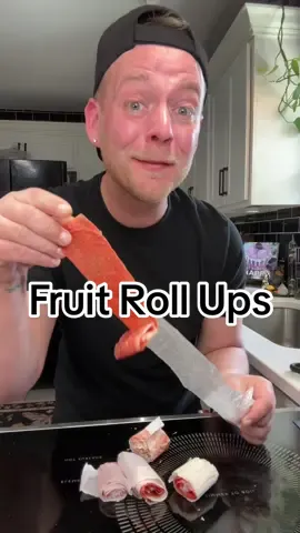 A post by @kitchentool on TikTok caption: This homemade Fruit Roll Up recipe is an easy and tasty way to use up fruits before they go bad 😁  ##homemadefruitrollups##homemade##fruitrollup##watermelon##fruit##roll##up##easyrecipe##healthysnacks##tryit##fyp Fruit Roll Ups  Watermelon (or most any fruit)  Sweetener of choice  Blend watermelon till smooth, strain through a strainer or cheese cloth to separate the pulp from the juice. Store the juice in a container in the fridge for future use.  Add the pulp and as much sweetener of your choice to bowl a mix together. Pour mixture onto a baking sheet lined with parchment and evenly spread.  Bake at 170°F for 3-4 hours.  Let cool, roll longways, and cut into slices.  Store fruit roll ups in an airtight container for up to three months. 