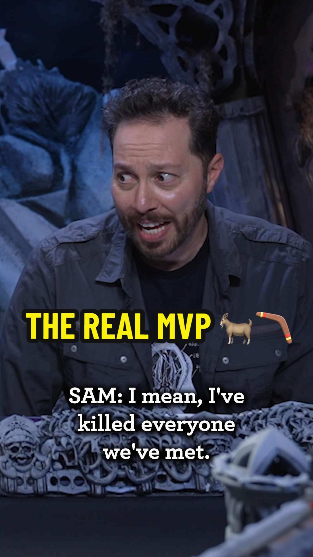 A post by @criticalrole on TikTok caption: BOOMERANG! 🪃 🐐 Snyx (@SamRiegel) is the MVP of our party of survivors as he cleverly clears the way past obstacles and enemies alike in #AgeoUmbra Episode 3 - "What Is Gained, What Is Lost", now available on BEACON and YouTube! ✨ @MatthewMercerVO  @Smashley Johnson  @WillingBlam  @Marisha Ray641  #criticalrole #daggerheart #ttrpg #tabletop #actualplay #horror #darkfantasy #fantasy #survival #dice #character #voiceactor #voiceacting #improv #youtube #twitch #matthewmercer #ashleyjohnson #marisharay #laurabailey #traviswillingham #liamobrien #taliesinjaffe #samriegel #gamemaster #mvp #guid #characters #dndcharacters #laugh