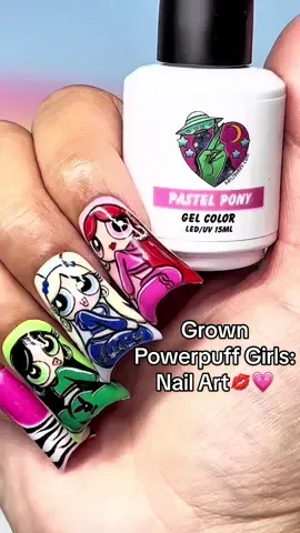 A post by @nailzbydevshop on TikTok caption: These Powerpuff Baddies are ready for a night out!💃💋🔥 These all grown up PPG cuties were painted by our amazing affiliate nail artist @Sabrina 😍💕 She used our "My Little Pastels" gel collection & "My Little Brush Kit" brushes to paint!💗💗 You can use her code ✨SLANE✨ to save on all our NAILZBYDEV products when checking out!🛍️ #gelnails #nails #powerpuffsgirls #nailart #pastelnails #gelpolish #nailzbydevshop #nailtrends 