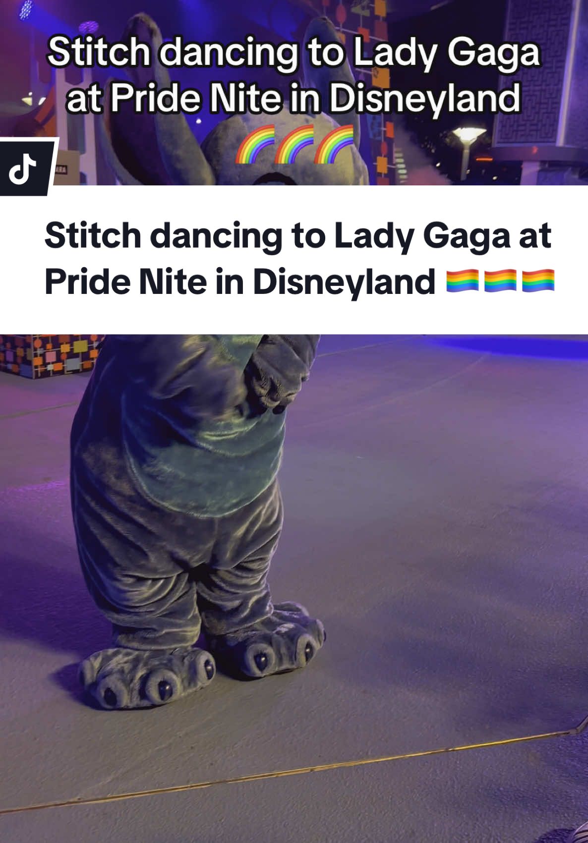 A post by @hegoesbygian on TikTok caption: We all waited for this. Stitch dancing to Lady Gaga at Pride Nite in Disneyland #disneyland #disney #pridenite #disneylandpridenite #pridemonth #pridemonth🏳️‍🌈 #disneylandpride #pride2025 #lgbtqia🏳️‍🌈 #disneylgbt #ladygaga #ladygagaabracadbra #abracadabra #Stitch 
