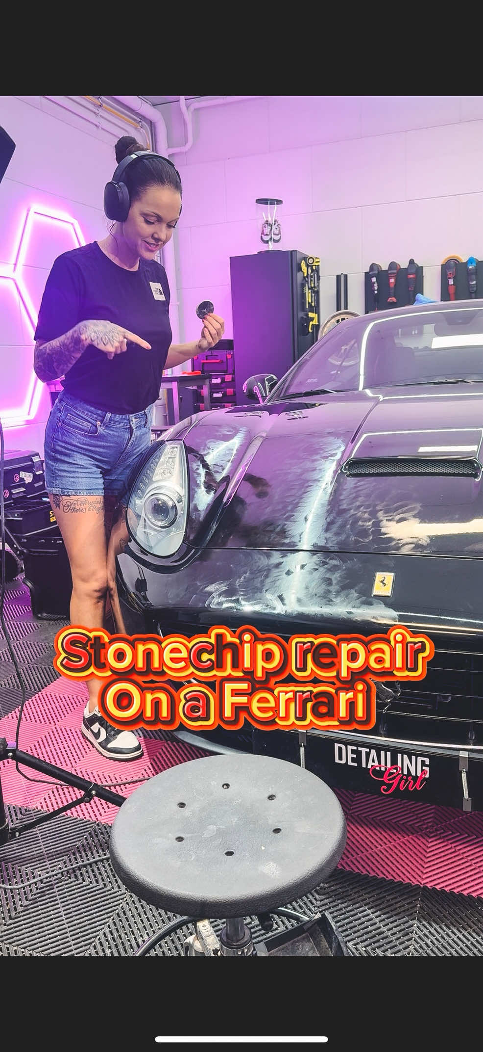 A post by @the_detailing_girl on TikTok caption: O MY GOSH, what have i done now 🤯.  Stone chip tutorial 😜 Step by step how i fixe stone chips without spraying the bonnet.  #stonechips  #stonechiprepair #detailinggirl #detailingcars #drysanding #smartrepair #touchuppaint #touchuprepair 