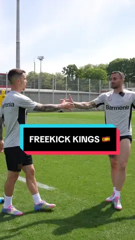A post by @bayer04 on TikTok caption: 🇪🇸 Alejandro & Aleix take on the freekick challenge 💥 #Bayer04 #Werkself #Grimaldo #Garcia 