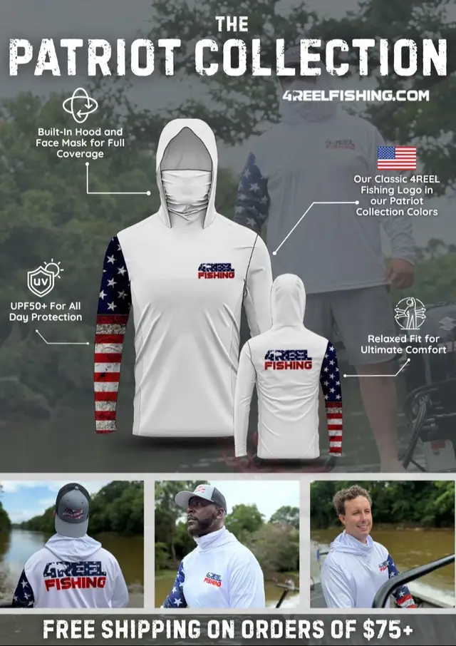 A post by @tylerbarnes_catfishing on TikTok caption: Introducing the 4REEL Fishing Patriot Collection! You guys are not going to want to miss out on these! They are a HUGE SUCCESS and are going fast! Get yours now only at www.4reelfishing.com