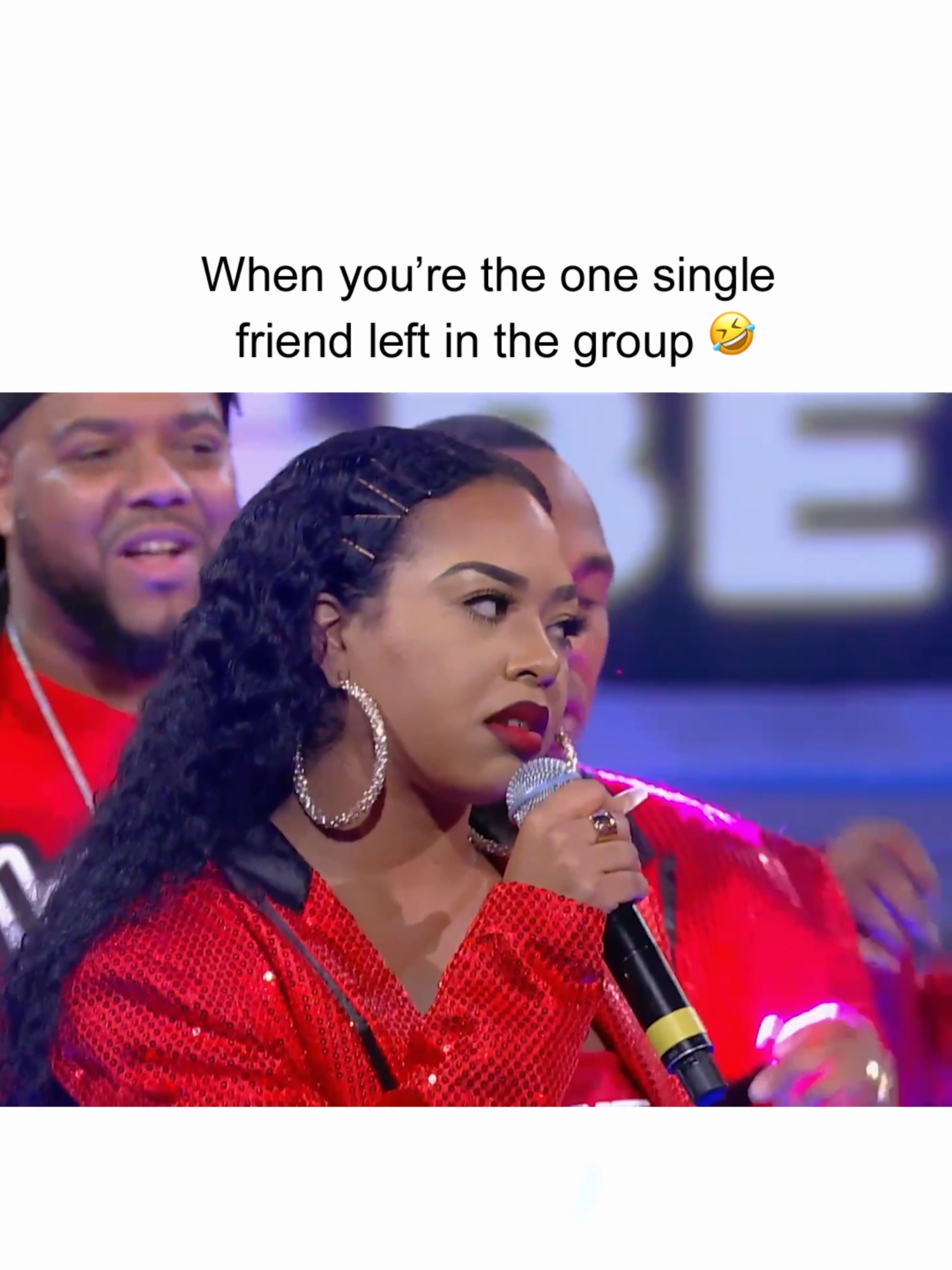 A post by @wildnout on TikTok caption: At least they trying to help her out 🤣 #WildNOut #r&beef #bsimone #friends #single #jokes #funny #roast #roasted #lol