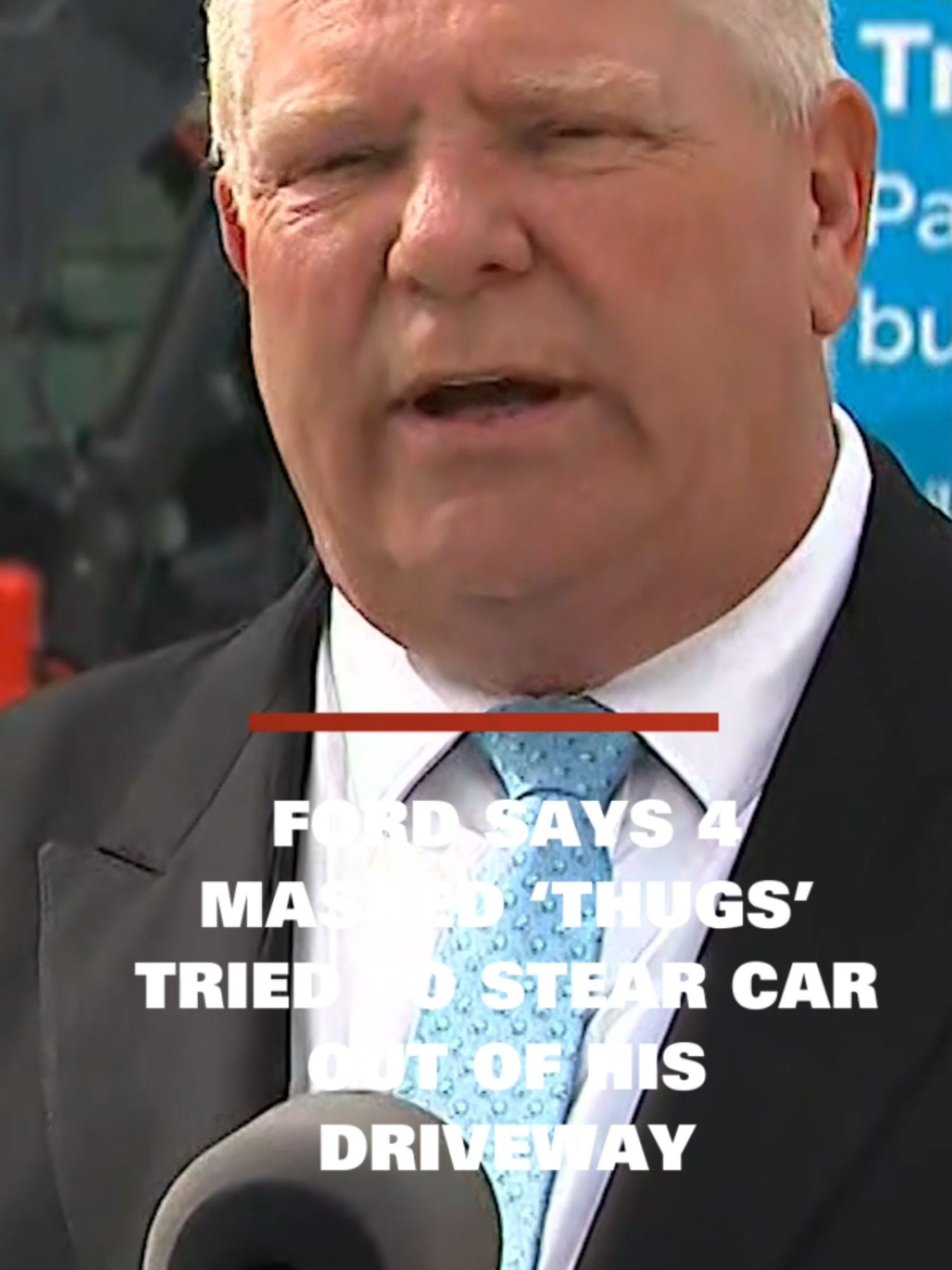 A post by @cp24breakingnews on TikTok caption: Ontario Premier Doug Ford says four masked suspects attempted to steal a car from his Etobicoke driveway early Tuesday morning. “Thank God the police got you and I never did,” Ford said at an unrelated news conference in a self-described “rant” about Canada’s criminal justice system. Ford initially said that the suspects, who he described as “stupid criminals,” were apprehended by his OPP detail. However, Toronto police clarified their officers made the arrests. The premier said the car belonged to his brother. #cp24 #news #toronto #dougford #bail