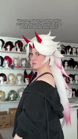 A post by @umbrawigs on TikTok caption: (Pictured at the end) Say that to the silly face replicas I transfer to the  canvas head hahaha.  . I’d say 92% of my clients are AFAB, which means on average their head will be 22-23in,  my head is 22in, so most wigs will fit me just fine too! . For the people in the back, if a wig doesn’t fit, it’s stated on our w3bslte  that you can send it back to have alterations made :D  . Now… the wig I’m wearing was for a 25in head , so it’s literally hovering on my skull hahaha. . #wigcommission #wigstyling #cosplaywig #cosplaywigstyling #wigs #wigmaker #genshin #GenshinImpact #aratakiitto #aratakiittowig 