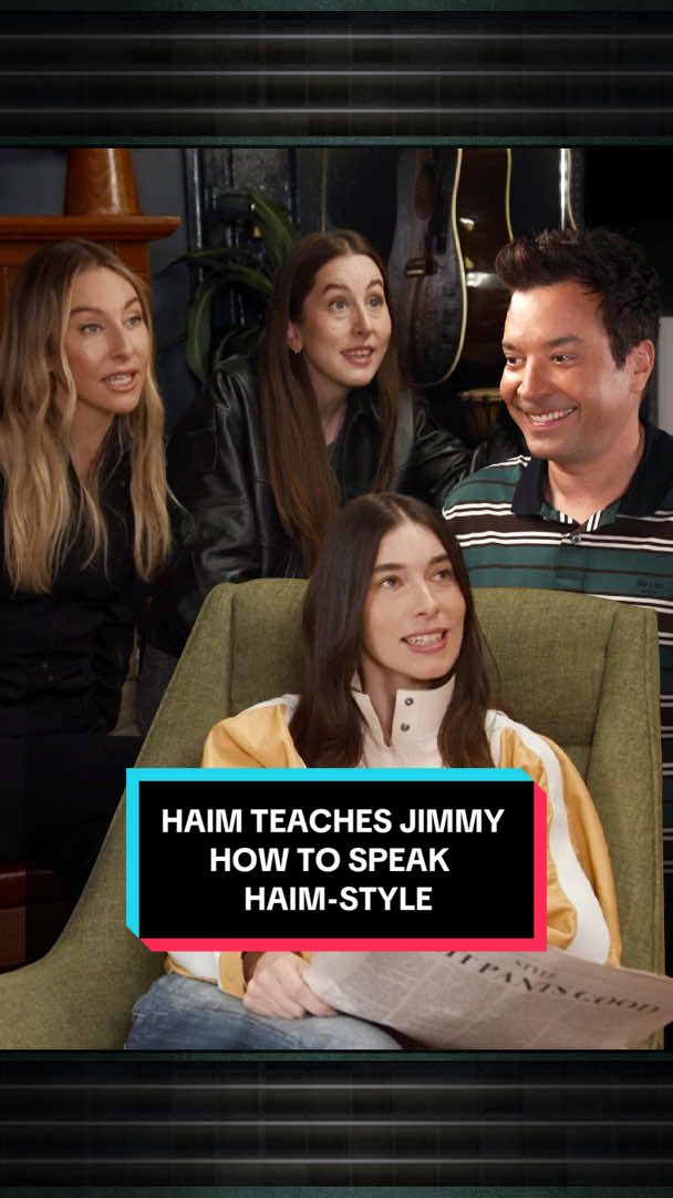 A post by @fallontonight on TikTok caption: @haimtheband teaches Jimmy how to speak HAIM-style. #FallonTonight #TonightShow #HAIM #JimmyFallon 