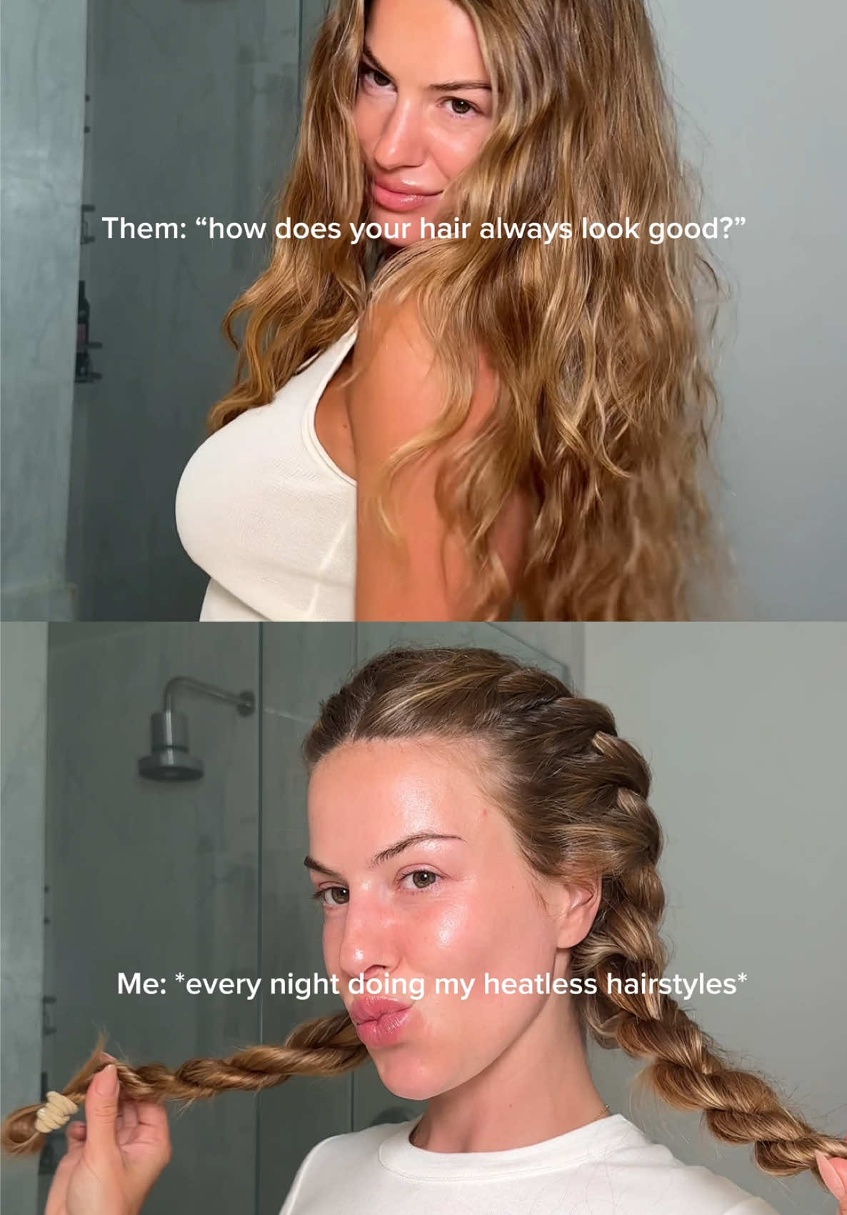 A post by @anggwells on TikTok caption: 5 minutes at night for gorg hair all day ✨ keeping it healthy with @Pureology’s Dream healer serum 🩵 @Ulta Beauty #pureologypartner #heatlesswaves #overnightcurls #dreamhealer
