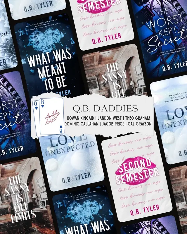 A post by @author.qbtyler on TikTok caption: A belated Happy Father’s Day to all the daddies in the QB universe! Tell me your fave or which ones are on your TBR? #qbtyler #bookshelf #kindleunlimited #agegaptrope #bookrecs #romancebooks 