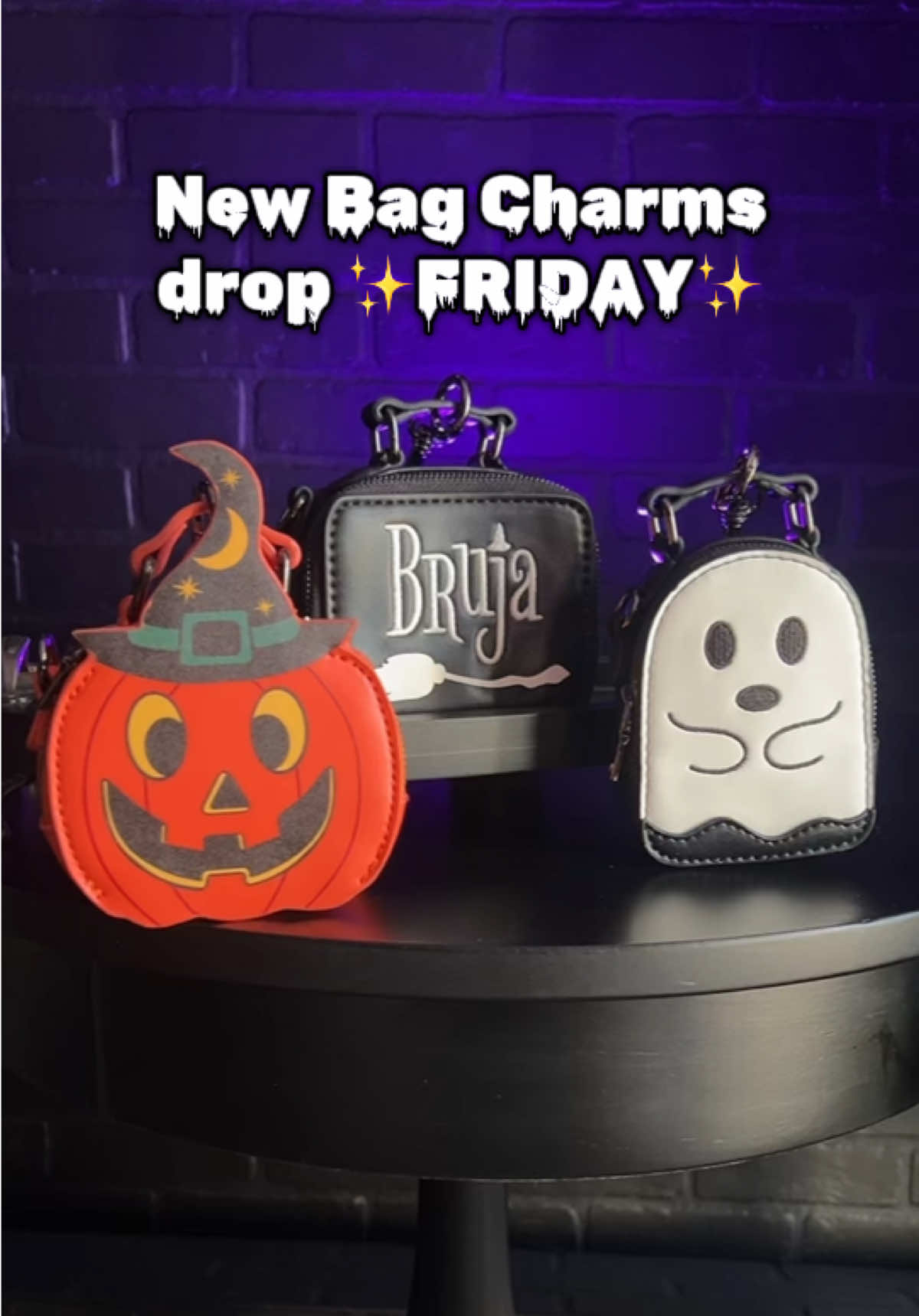 A post by @backstitchbruja on TikTok caption: Link to website in bio! We made our top selling bags into bag charms. They can hold AirPods, your ID and lipstick becuase what else would we need 🤭 turnaround time 13 weeks! #backstitchbruja #spooky #halloweenshop #bagcharms
