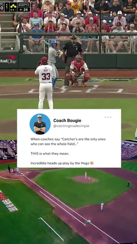 A post by @catchingmadesimple on TikTok caption: Incredible play in tonights College World Series game 🔥 Gutsy call by the Bruins and an even more heads up play by the Hogs 👏🏽 I. love. postseason. #baseball #softball #cws #mcws #catcherdrills