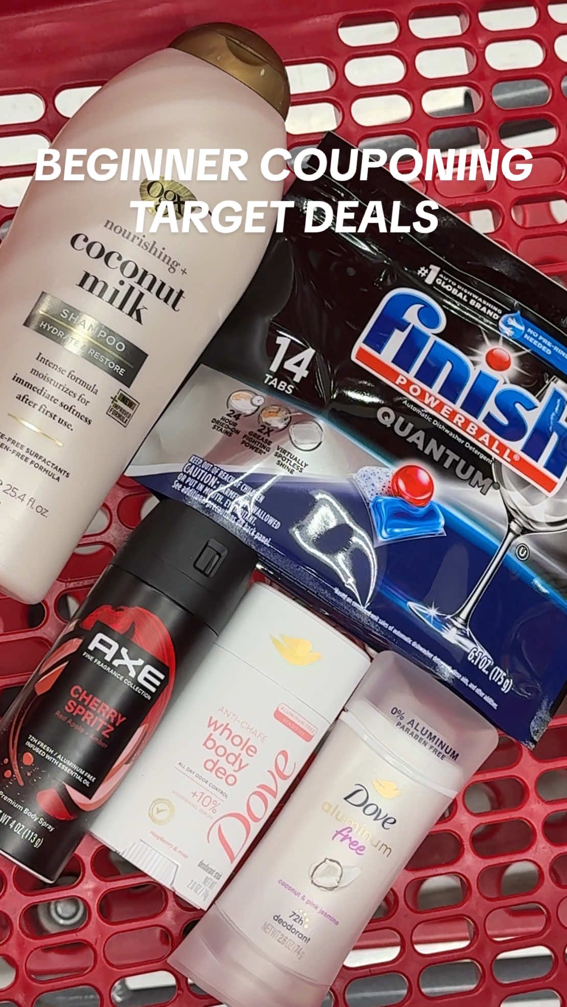 A post by @couponingwithtina on TikTok caption: Taking it back to the basics! Here’s several easy deals you can score at Target this week 🎯  #target #targetdeals #couponcommunity #howtosave #couponing #deals #couponingforbeginners @target @Dove Beauty & Personal Care @AXE @Finish Dishwashing US @COVERGIRL @OGX Beauty 