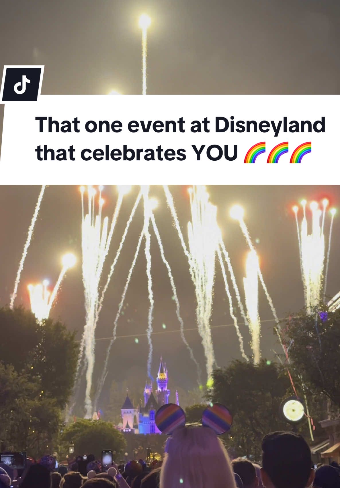A post by @hegoesbygian on TikTok caption: That one night at Disneyland that doesn’t just celebrate you — it sees you, it defines you. 🌈✨  #PrideNight #DisneylandAfterDark #SeenAndCelebrated #MagicForAll #Disneyland #DisneylandPrideNite #DisneylandCalifornia #DisneyAdults #lgbt🌈 