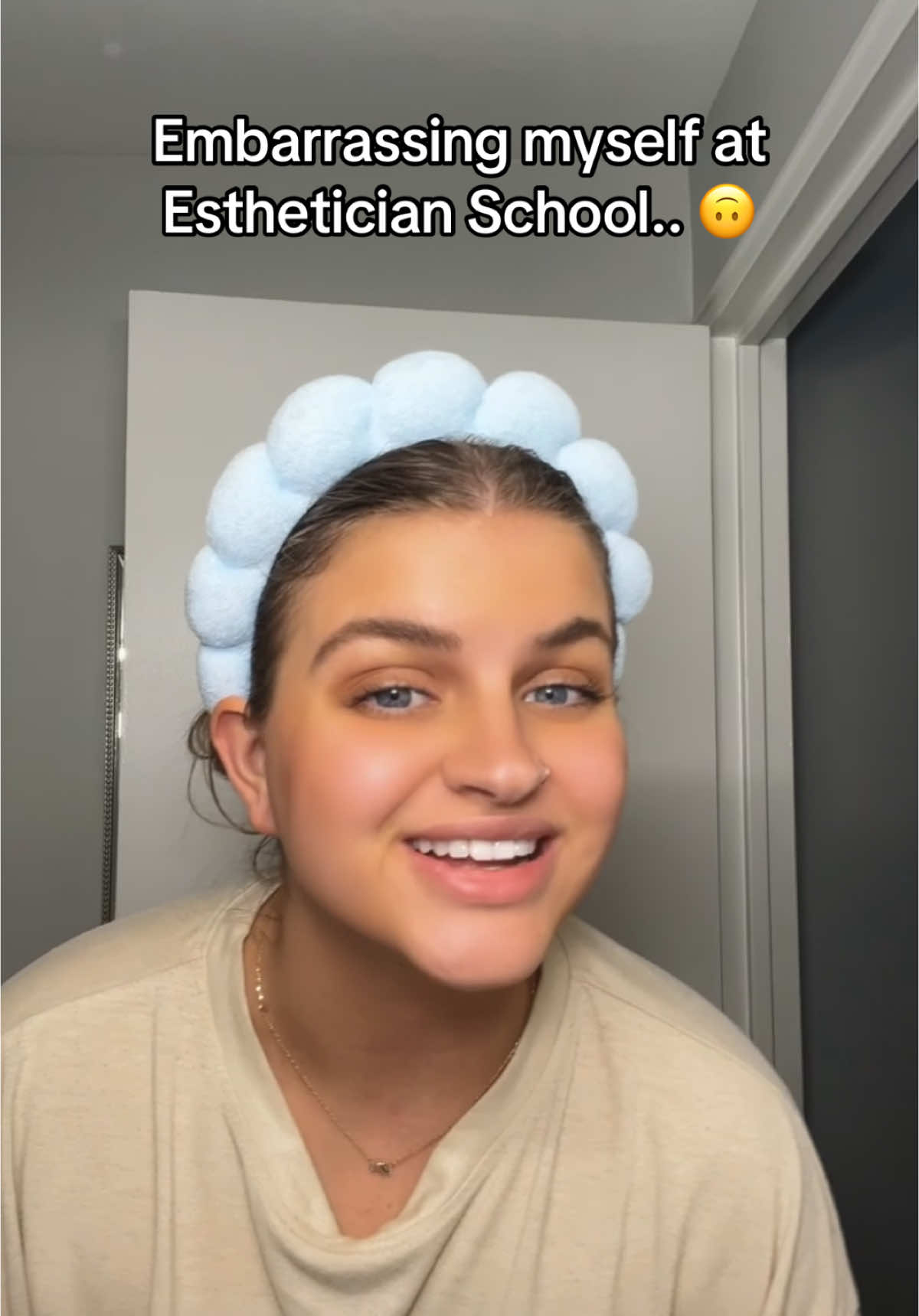 A post by @xosaraahxo on TikTok caption: Just embarrassing myself one day at a time lol #fyp #esthetician #estheticianstudent #embarassingmoments #relatable 