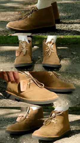 A post by @clarks on TikTok caption: A classic in any weather. Shop the Desert Boot via Clarks channels. #NoBetterFeeling #Clarks #Fyp