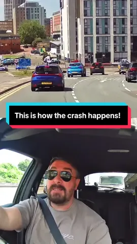 A post by @dannysdrivingschool on TikTok caption: This is how this type of crash happens people in the wrong lane and move rapid with no warning as the Audi did in this clip! #driving #drivinglessons #drivingschool #drivinginstructor #crash #lanes 