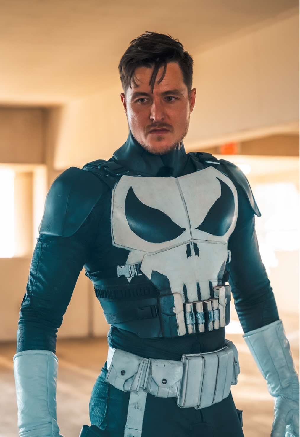 A post by @alex.stemp on TikTok caption: Punisher trades his fit… was it an upgrade? #FitSwap with @Caleb Weeks #Punisher #Daredevil #MarvelStudios 