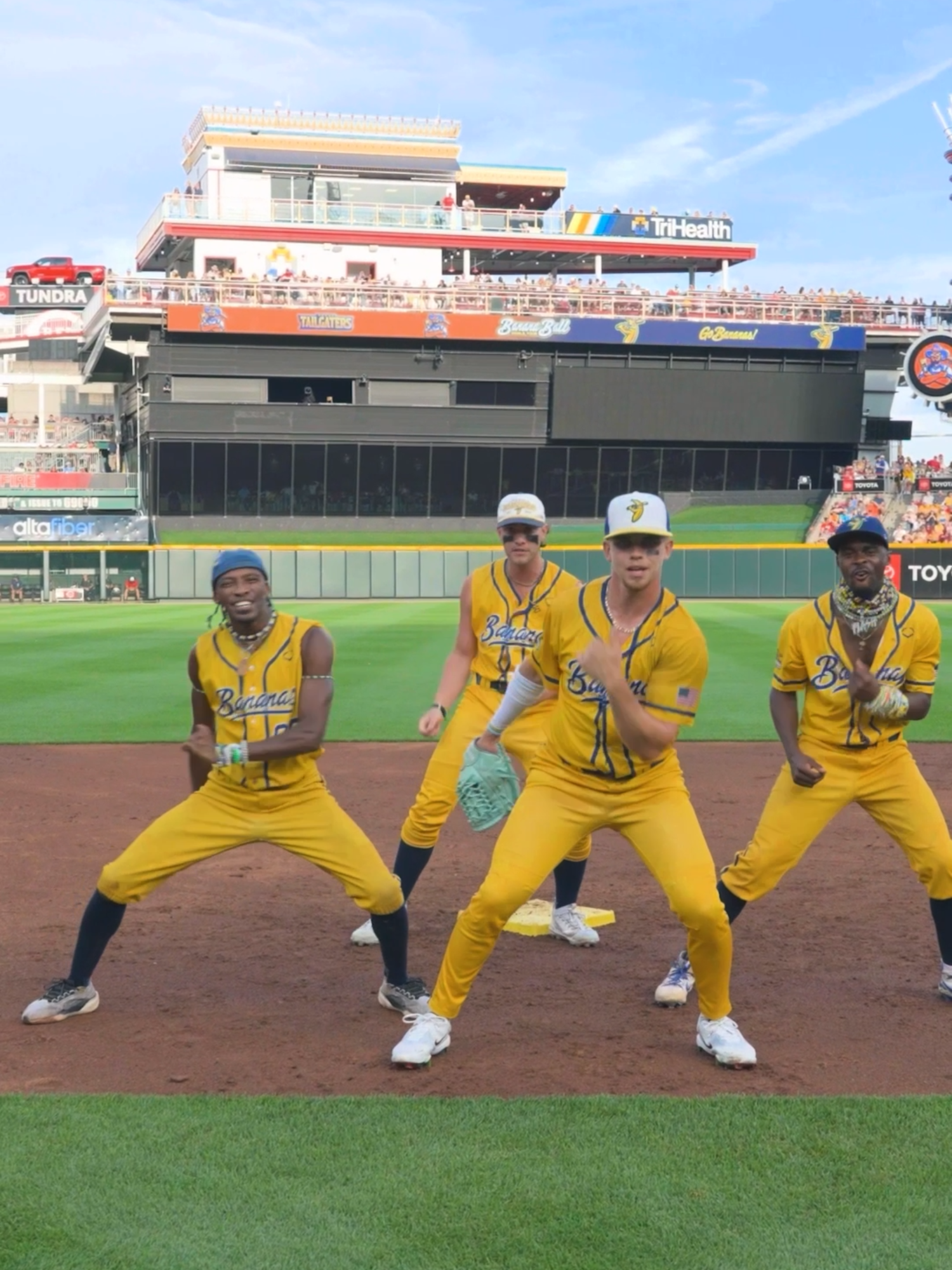 A post by @thesavbananas on TikTok caption: one thing they know how to do is strut 🙌 #savannahbananas #bananaball #trending #strut #disneychannel #cheetahgirl #cheetahgirls
